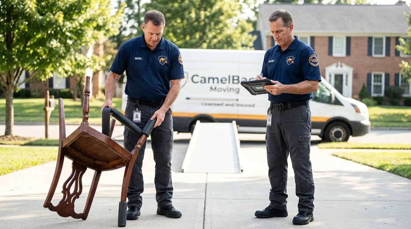 Movers inspecting furniture for damage prevention before loading in Lukachukai, AZ